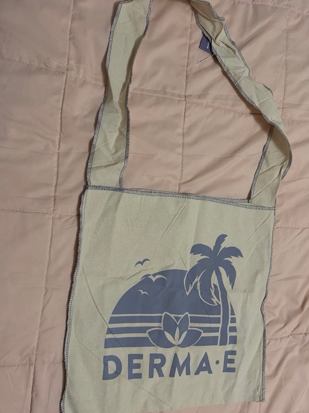 Beige Canvas Tote Bag with Purple Print